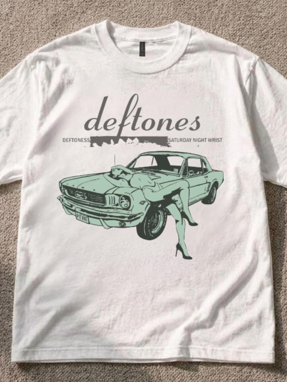 Gildan White Tee with Mint Car & Pinup Graphic